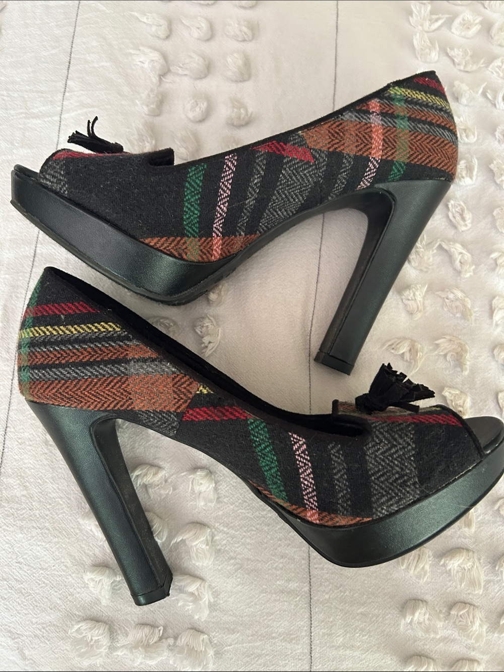 Black Tartan Peep-Toe Heels with Bow